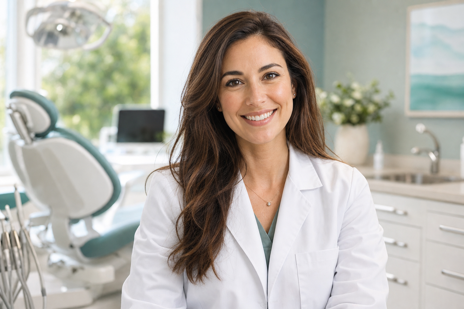 Dr. Elena Marsh, lead dentist at Brookside Dental, smiling in the treatment room