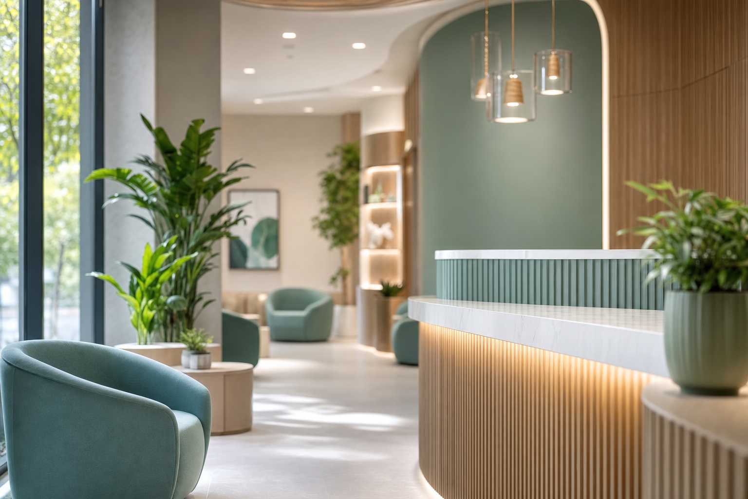 The bright, plant-filled reception area of Brookside Dental with natural daylight